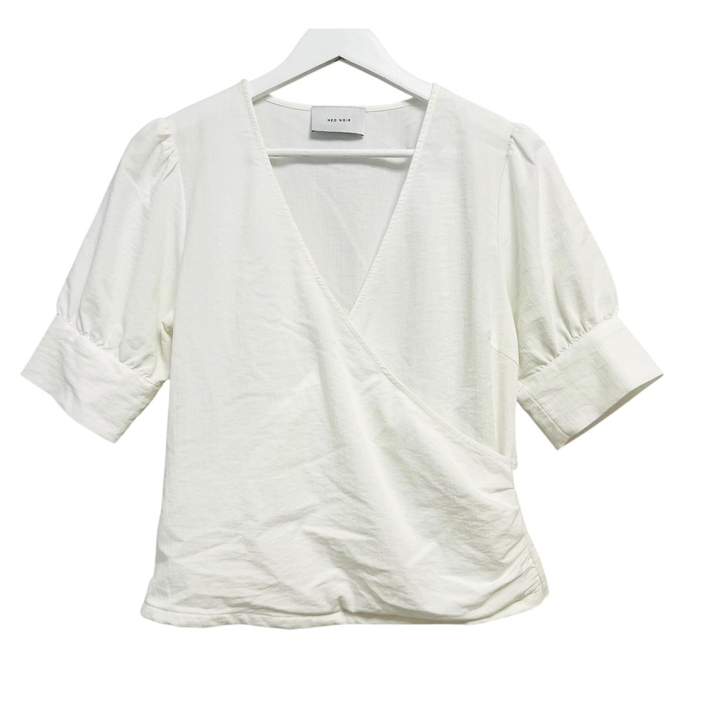 Neo Noir Shirt Womens‎ Medium White Isa Blouse Wrap V-Neck Puff Sleeve Side Zip